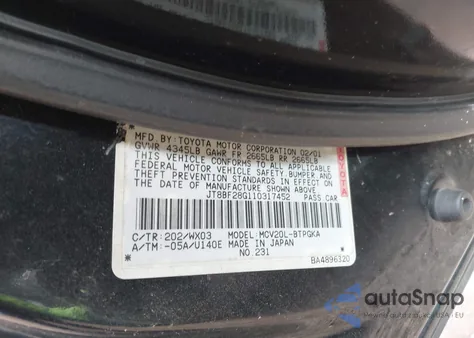 2001 Lexus Es 300 z USA, uszkodzony, nr VIN JT8BF28G110317452